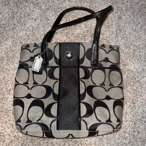 Coach F25771 Signature Silver and Black Jacquard & Patent Leather Tote Bag - Picture 1 of 12